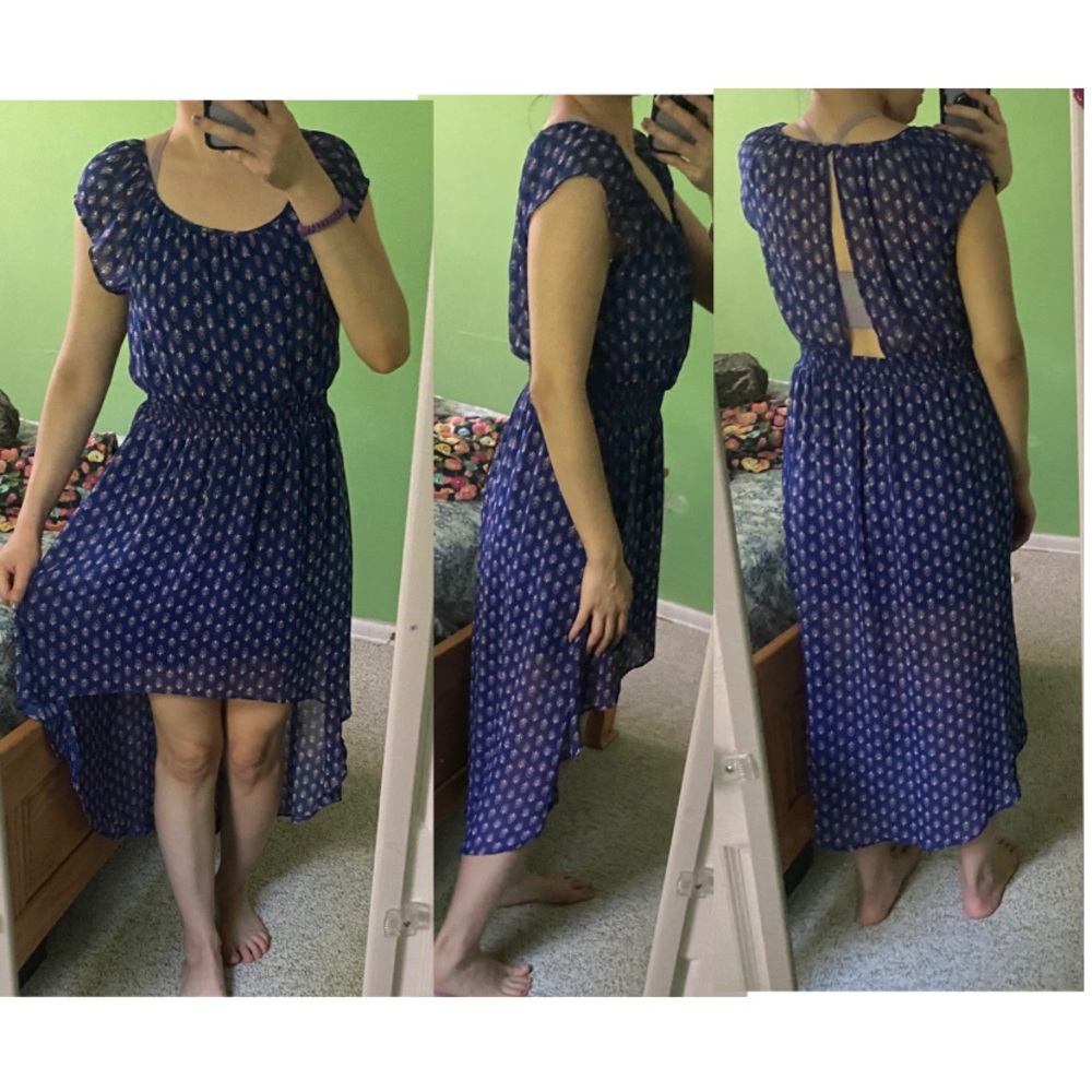 Olsenboye blue floral print hi low maxi mini dress